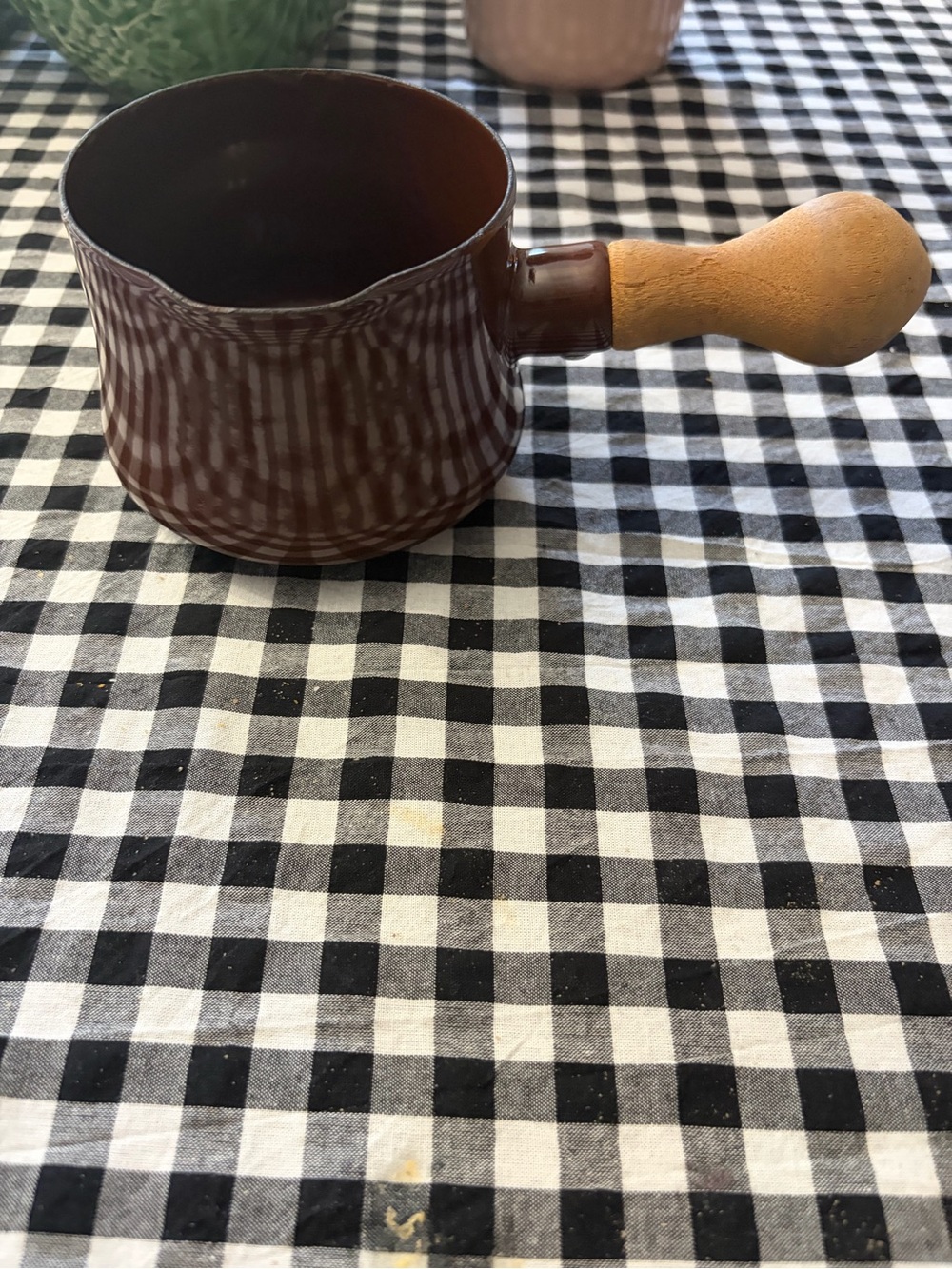 Dansk Brown Ceramic Saucepan with Wood Handle small chip outside